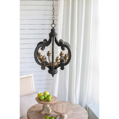 Antique Black Carved MDF Wood 6-Light Chandelier