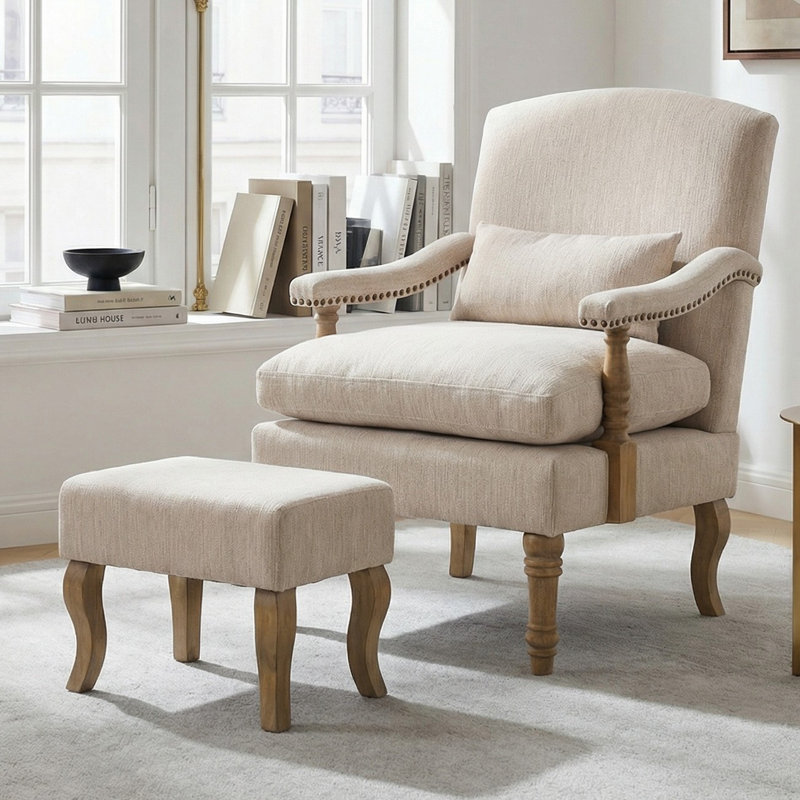 Chaise d'appoint moderne rembourrée avec repose-pieds et pieds tournés en bois, Beige naturel