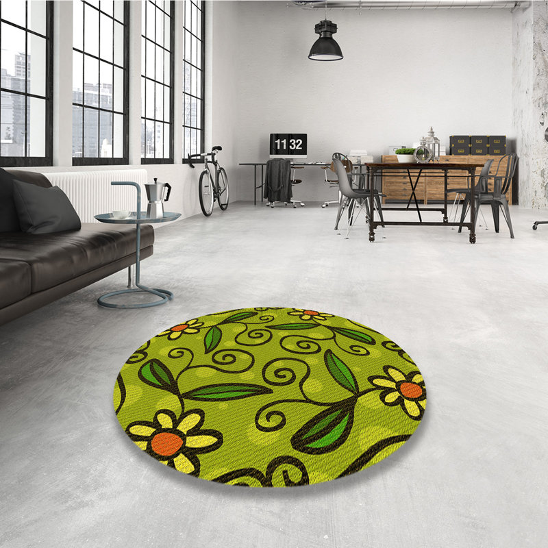 Tapis vert à motif floral, Rond 4 pi