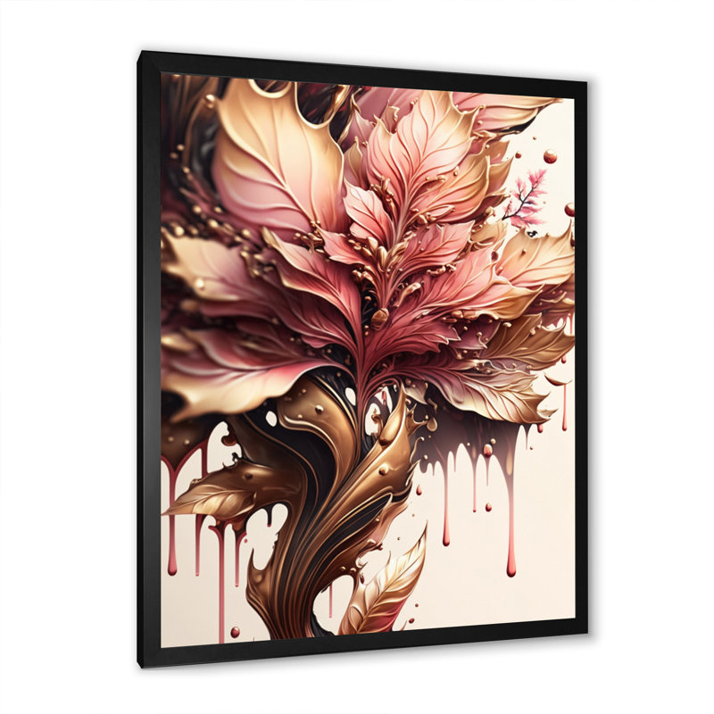 Katara abstrait rose et feuilles d'or I - reproduction sur toile tendue, H 20 po x l 12 po x P 1 po
