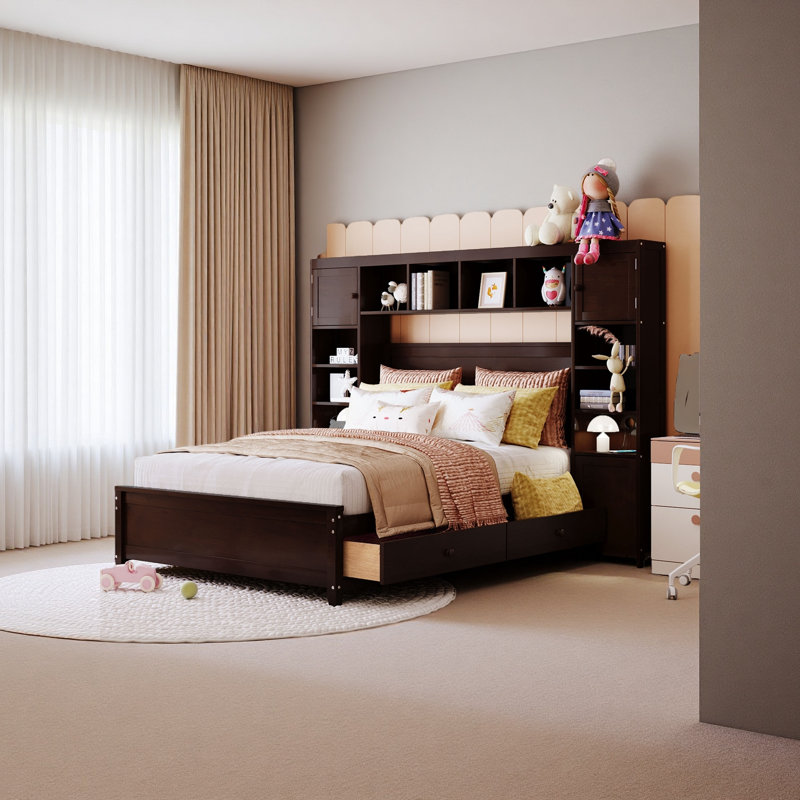 Lit double en bois avec armoire et tablette tout-en-un, Espresso