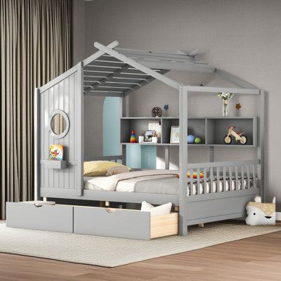 Lit en bois avec 2 tiroirs, lit pour enfant avec tablette de rangement