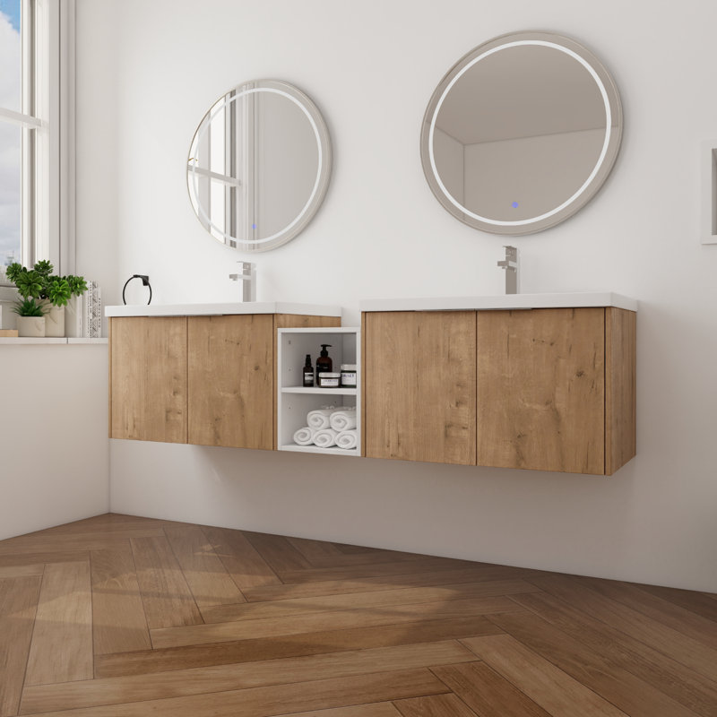 Meuble-lavabo double 72 po avec plateau en résine Huntsinger, meuble-lavabo mural avec 4 portes et 1 tablette réglable, Beige