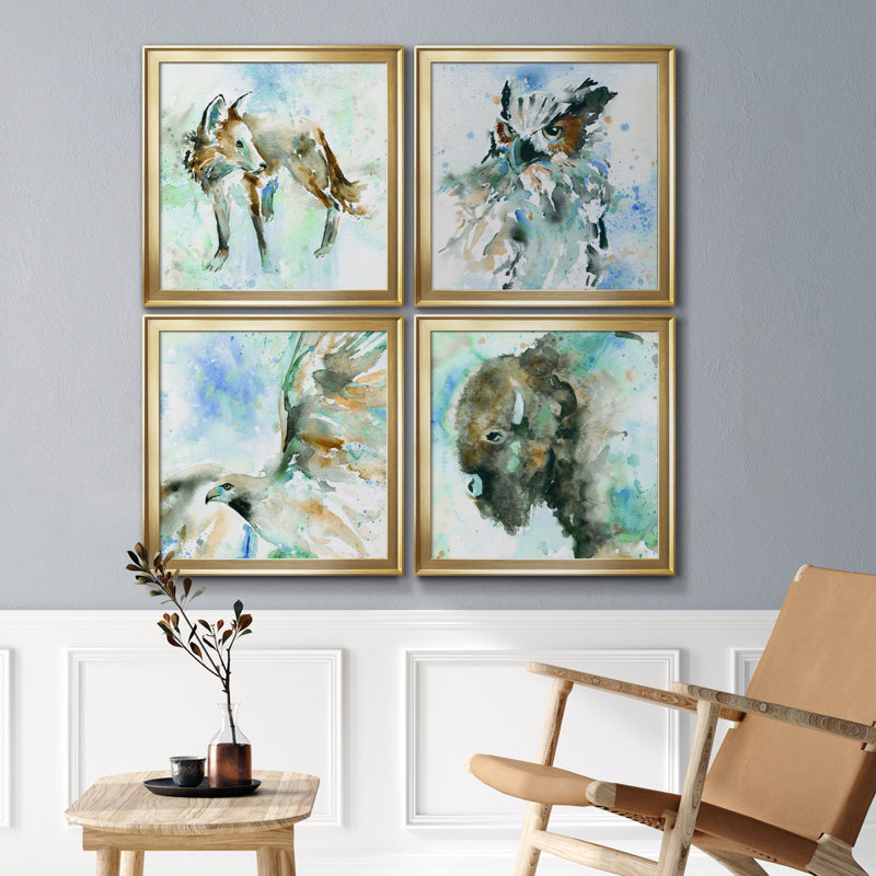Fox on Blue - Ensemble de 4 peintures sur toiles encadrées, Toile avec cadre argenté, H 17,5 po x l 70 po x P 1,5 po