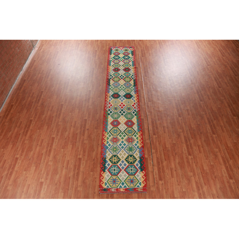 Tapis de couloir oriental multicolore en laine Kilim 3 x 16