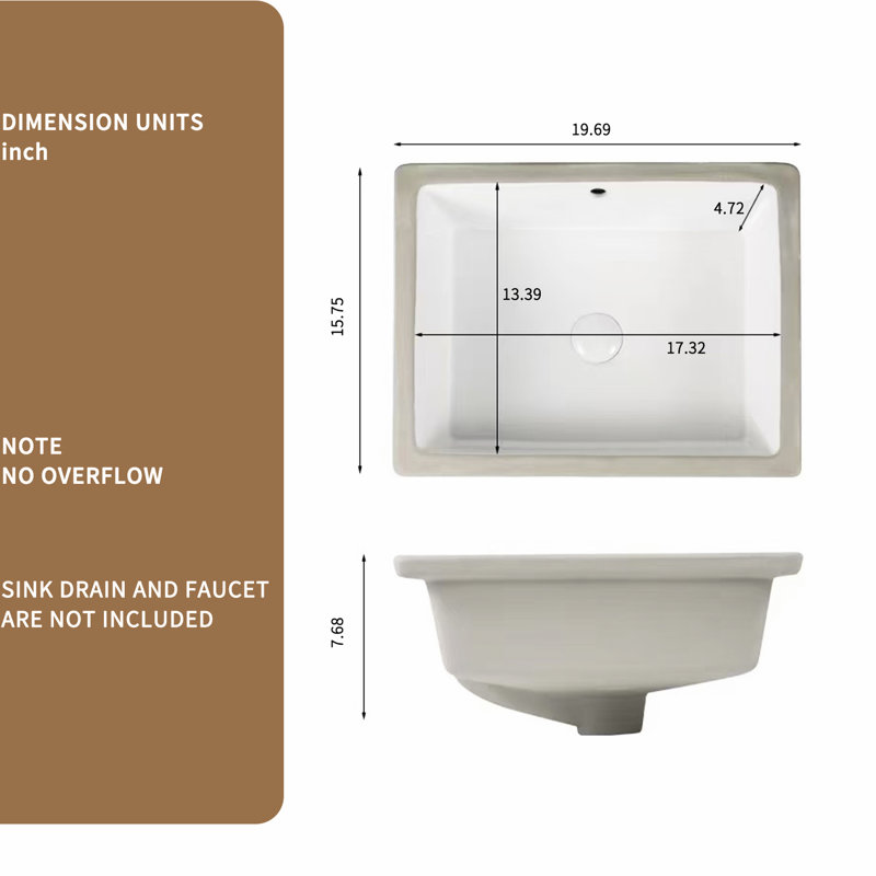Lavabo de salle de bain rectangulaire encastré en céramique blanche encastrable à haut feu, facile à nettoyer, trou de débordement, longue durée de 18,95 lb, teinture, l 15,75 po, hauteur 7,69 po