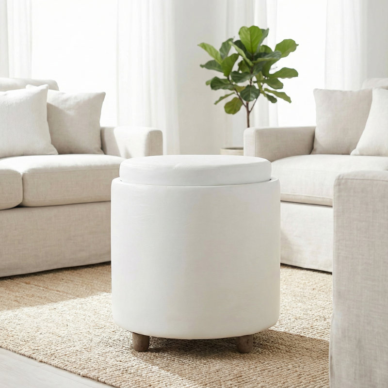 Repose-pieds rond avec rangement Kinkade, Similicuir blanc