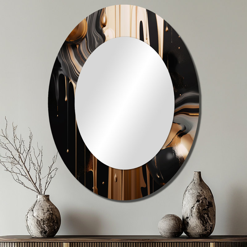 Gold And Black Marbled Euphoria IV - Gold Modern Oval Wall Mirror, 40" x 30"