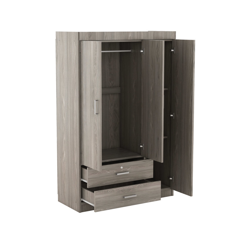 Armoire de chambre autoportante en chêne gris avec 3 portes et tiroirs