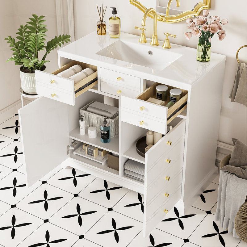 Ensemble de meuble-lavabo 36 po avec lavabo en céramique, armoire de rangement en bois massif, ensemble de meuble-lavabo autoportant avec 2 tiroirs et portes à fermeture douce, blanc