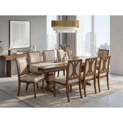 9-piece Kitchen Table Set includes a Dining Table and 8 Dark Grey PU Leather Dining room Chairs with High Back - Antique Walnut Finish