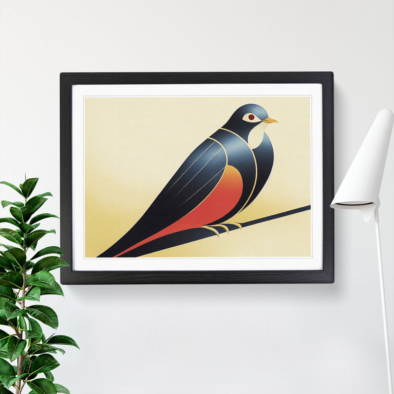 Dove Bird Deco Abstract - Single Picture Frame Print, 46cm H x 64cm W x 2cm D, Black