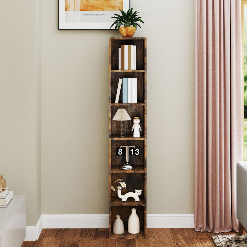Slim Corner Bookcase, Narrow Tall Bookshelf For Bedroom, Living Room Or Office Storage, Brown