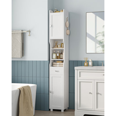 Narrow Bathroom Cabinet, Tall Slim Storage for Small Spaces, Freestanding Unit with 2 Doors, 1 Drawer & Open Shelf, 3 Adjustable Shelves, 28 x 28 x 180 cm
