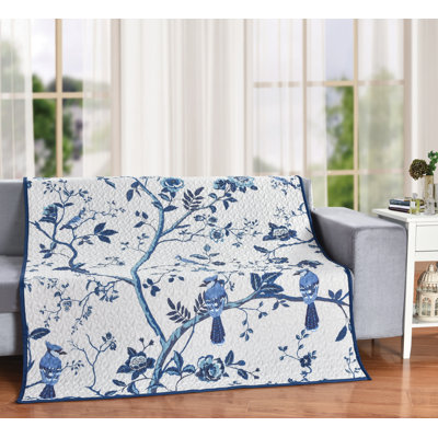 Blue Jay Serene Nature Cozy Spring White Floral Boho 60" x 50" Decorative Quilt Throw Blanket