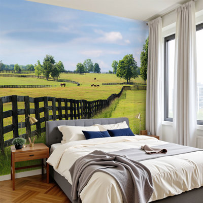 Peel and Stick Wallpaper 144" W x 100" H Modern Self Adhesive Wall Mural for Bedroom Horse Farm Country Agricultural Field Ranch Landscape