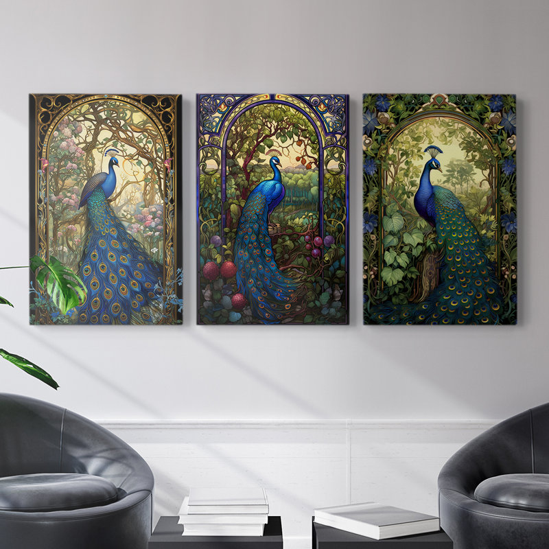 Peacock  Series  L  -Premium Gallery Wrapped Canvas Set -Ready to Hang, 36" H x 24" W x 1.1502" D