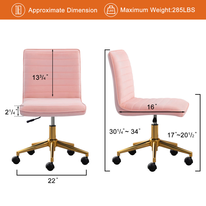 Chaise de bureau moderne en velours, fauteuil de bureau pivotant sans accoudoir pour bureau à domicile, Rose