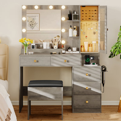 Vanity Desk with Mirror and Lights, Makeup Vanity with 5 Drawers and Hidden Jewelry Organizer