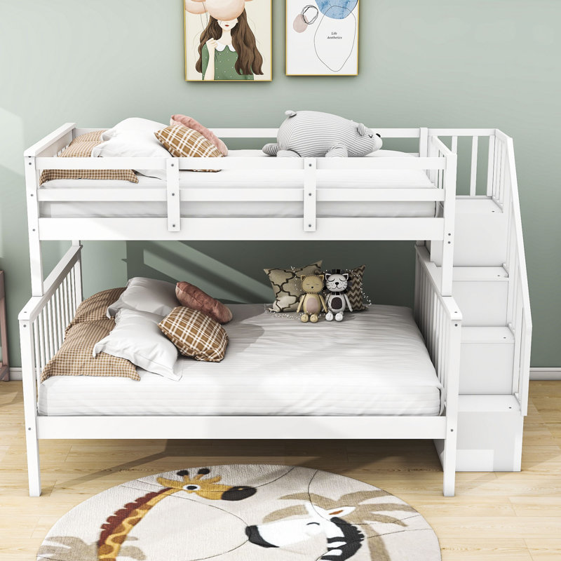 Lit superposé simple au dessus d'un lit double en bois avec 3 tablettes, Blanc