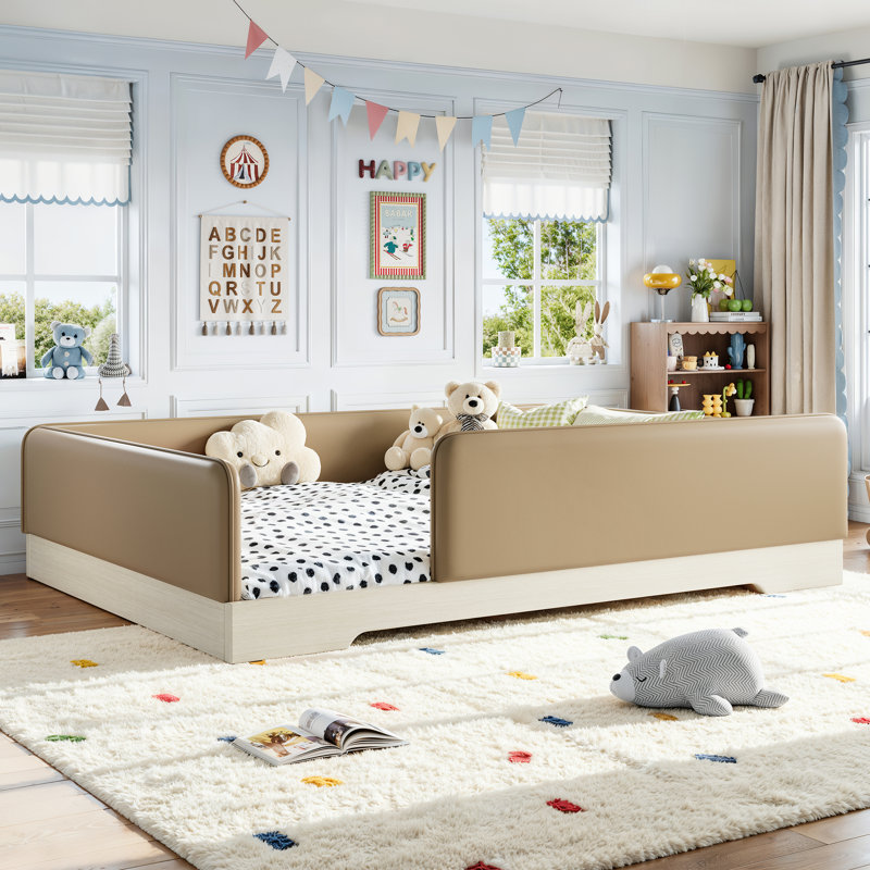 Cadre de lit grand format Montessori, lit plateforme en similicuir pour enfants avec garde-corps amovibles, brun, Queen