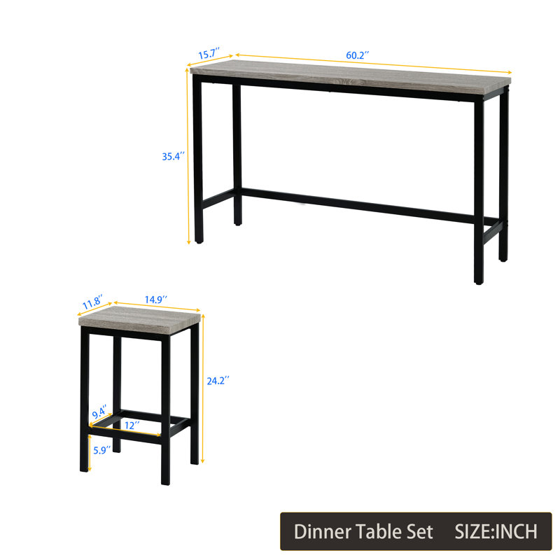 3 - Person Four Leg Dining Set, Gray, Gray/Black