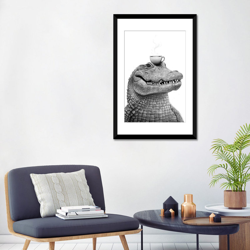 Crocodile avec café, impression d'art mural encadrée, 32" x 24", Framed Paper, Black