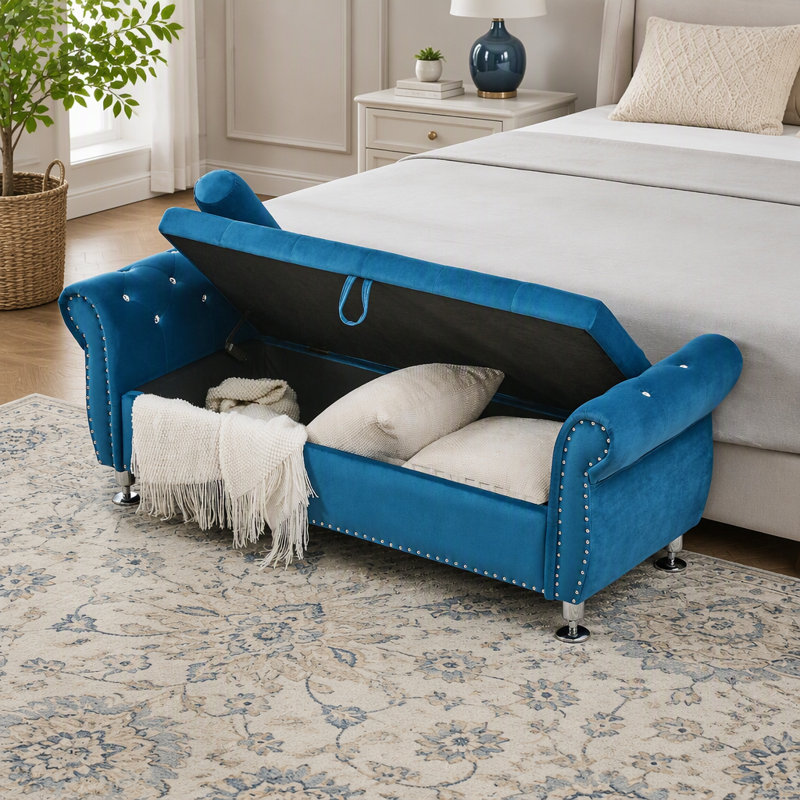 Banc de rangement en velours de 62,2 pouces avec boutons en cristal et 1 coussin, pour chambre à coucher et salon