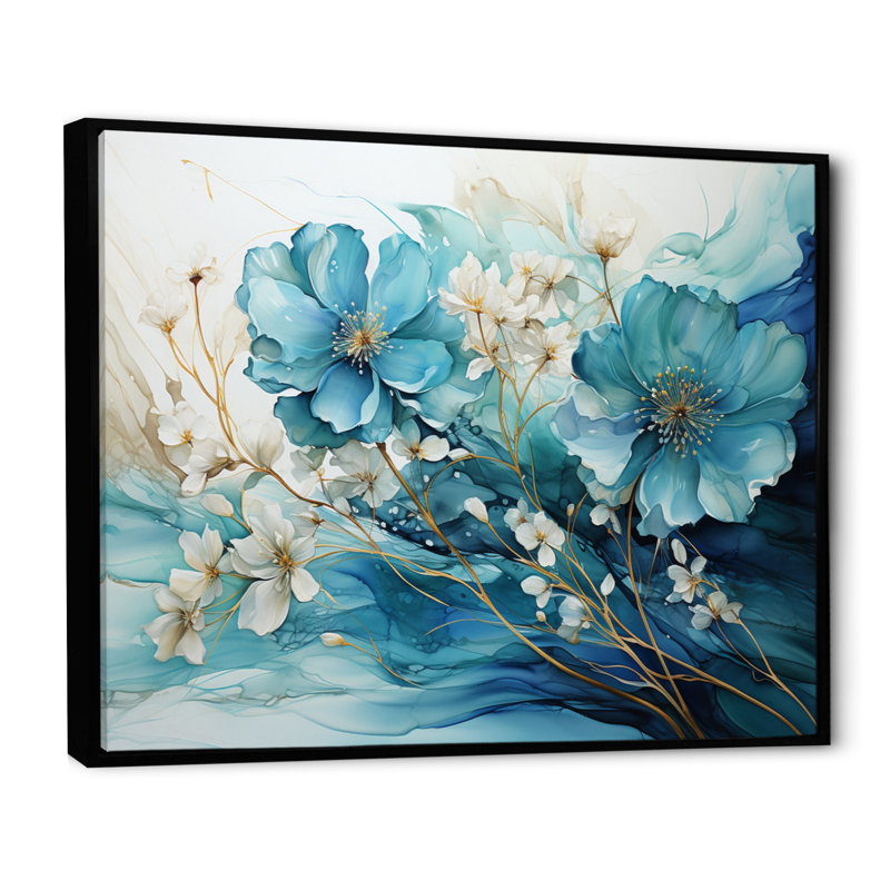 Avanos Teal Gold Abstract Fractal Mystic Mirage II, Black Floater Framed, 30" H x 40" W x 1.5" D