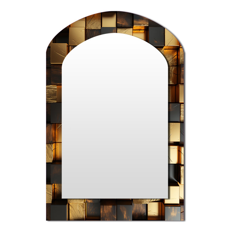Cubes abstraits noirs et dorés I - Miroir décoratif en forme d'arche abstraite sur métal, 43 po x 33 po