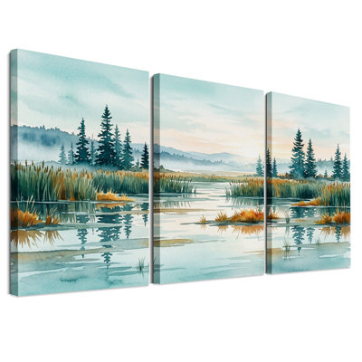 Ensemble de 3 toiles murales représentant un lac brumeux en forêt et des pins, à l'aquarelle
