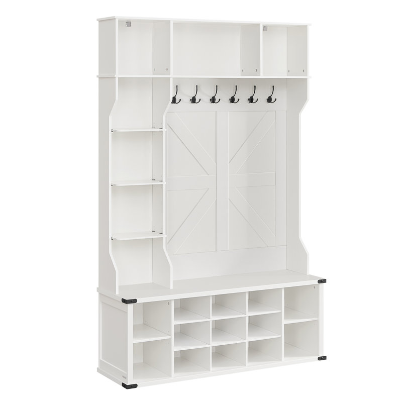 Hall Tree 51.2'' Wide with Bench and Shoe Storage, Adjustable Shelves, White