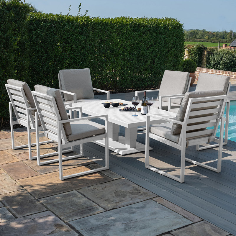 Faiha 6 Seat Rectangular Aluminium Dining Set - with Rising Table - White