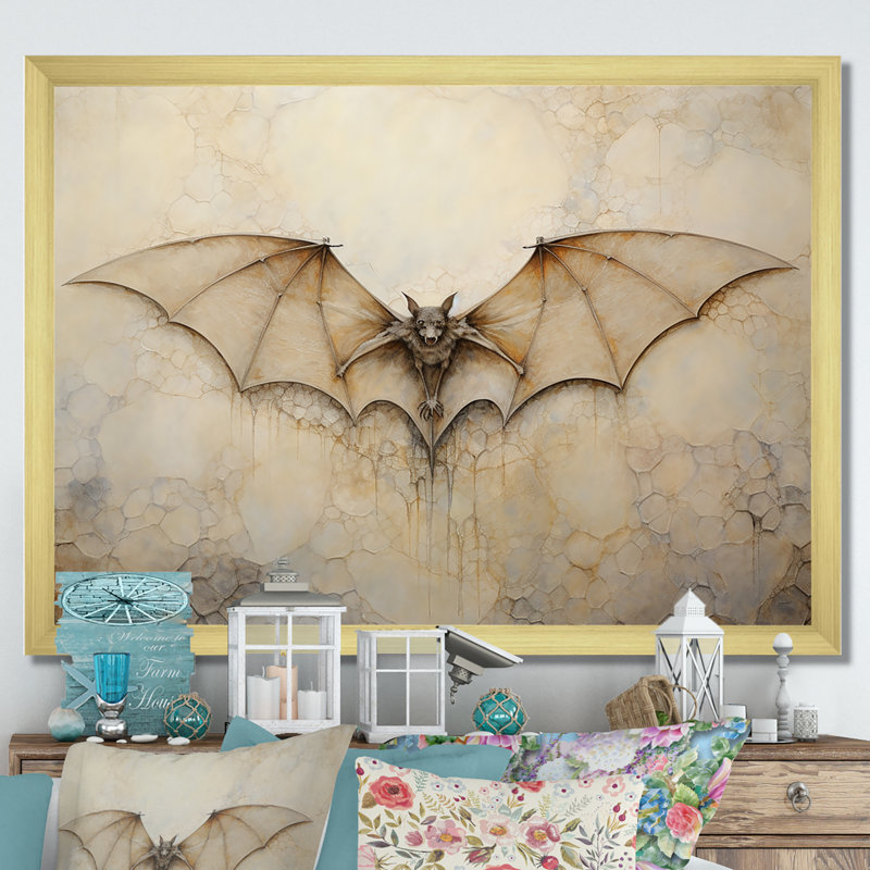 Minimalisme chauve-souris avec ailes ouvertes sur toile, H 34 po x l 44 po x P 1,5 po, Encadrement doré