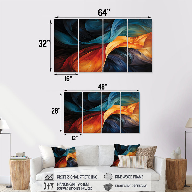 Ensemble d'art mural rétro bleu, orange et liquide, vagues, 4 pièces, H 32 po x l 64 po