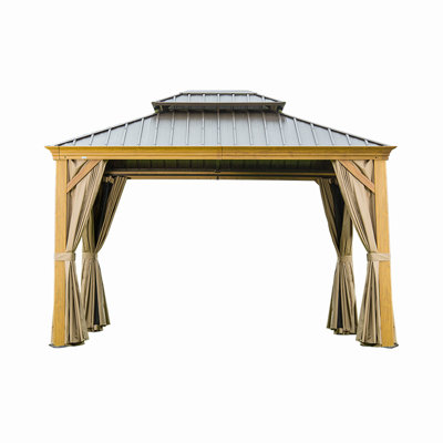 Auvent d'extérieur en métal 10 pi x 14 pi avec toit double en acier galvanisé, structure en aluminium grain de bois, rideaux et filet pour patio, terrasse, jardin