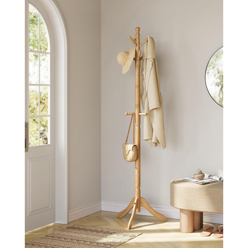 Solid Wood Coat Rack And Stand, Freestanding Hall Coat Tree With 10 Hooks, For Entryway, Hallway, Rubberwood, Natural