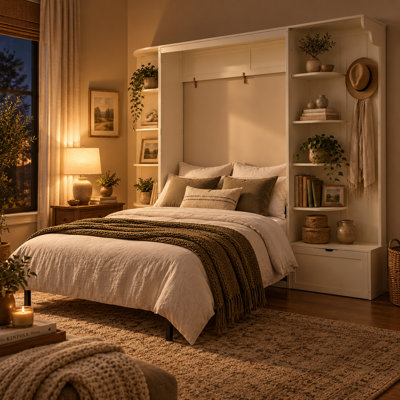 Alano Queen Murphy Bed With Storage And Lights, Built-In Shelves, Space-Saving Wall Bed