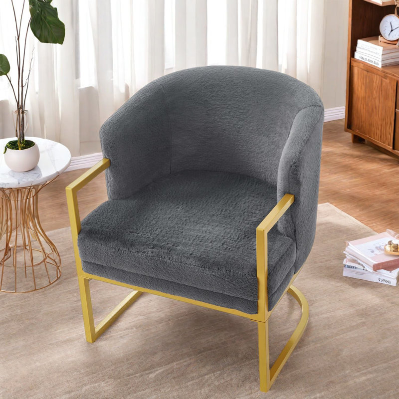 Chaise d'appoint moderne gris, revêtement en fausse fourrure de lapin avec structure en métal doré pour la maison et le bureau