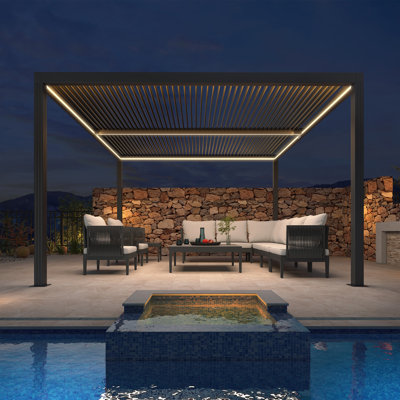 Purple Leaf 12' x 12' Led Louvered Pergola Full Aluminum Frame And Adjustable Roof Integrated Strip Lights For Outdoor Patio Hardtop Gazebo Pergola，Gray 