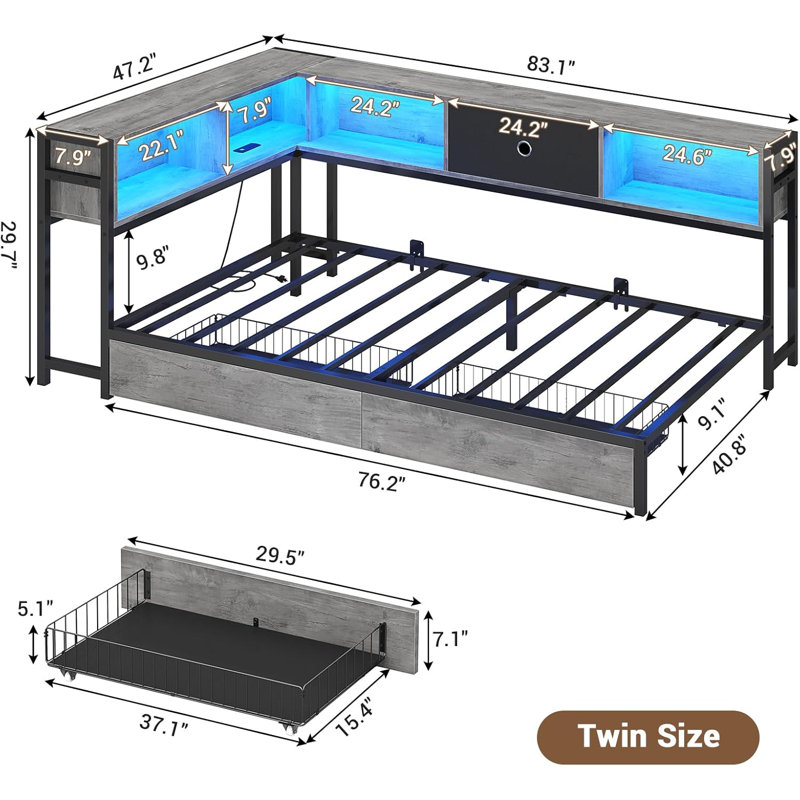Corner Bed Frame  With Led Light And Charging Station, Modern  Bed With Bookcase And 2 Underbed Storage Drawers, Modern Daybed No Box Spring Needed/noise-free