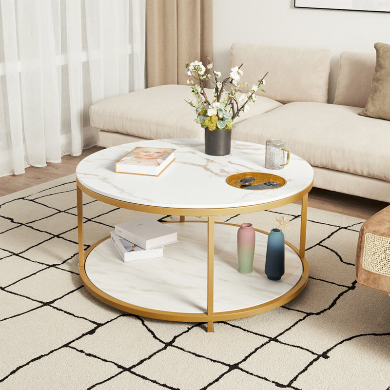 Modern Round Storage Coffee Table with Dual-Tier Design - White & Gold, White