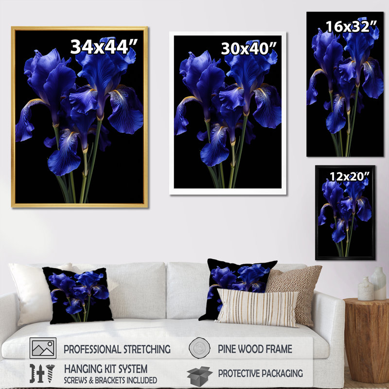 Élégants iris en noir et bleu - Art mural iris, Cadre flottant blanc, H 40 po x l 30 po x P 1,5 po