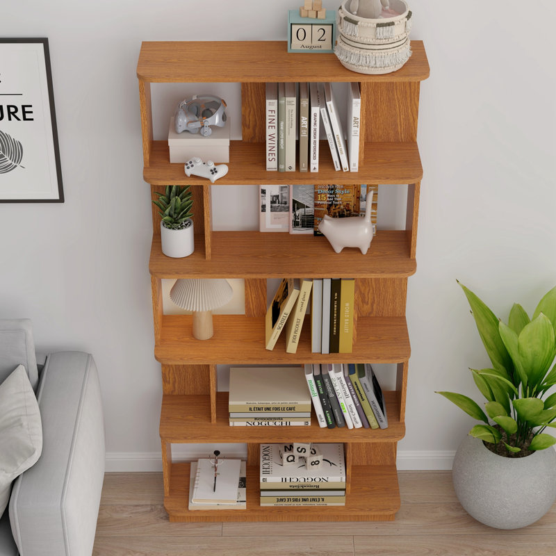 Bibliothèque moderne à 5 niveaux avec base de rangement robuste, Dark Oak
