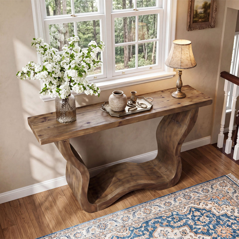 Console en bois massif 55,12 po avec base en forme de vague artistique