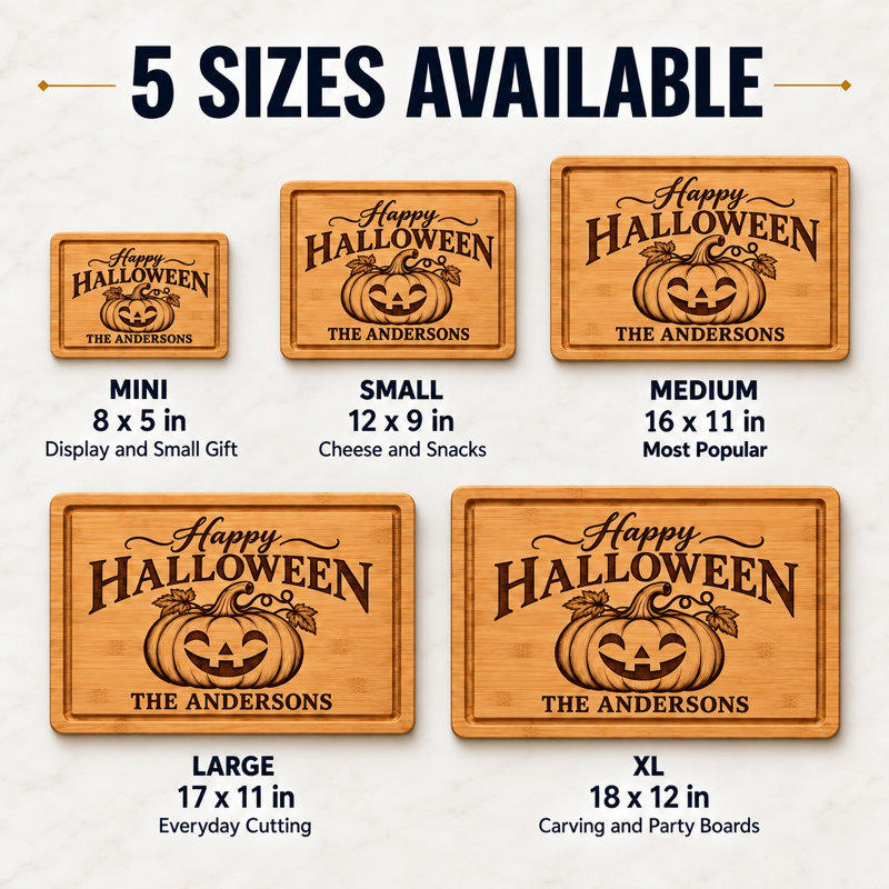 Bambüsi Personalized Halloween Bamboo Cutting Board with Custom Jack O Lantern Engraving, 12"x9"