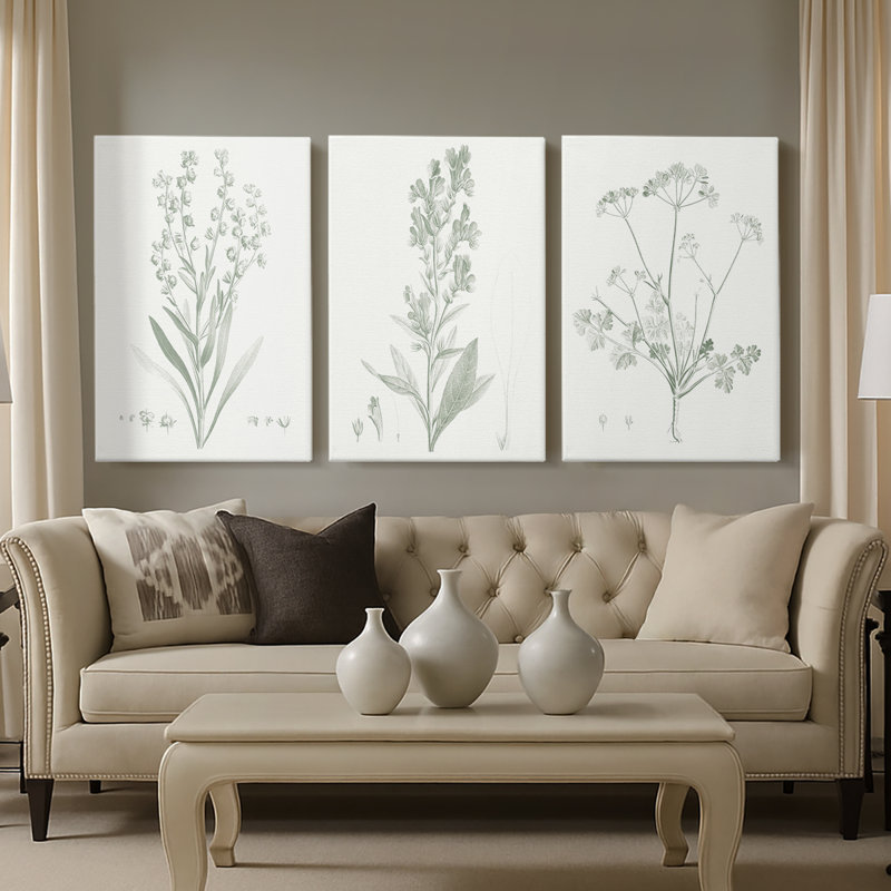 Botanical Study in Sage I - Toile tendue avec châssis sur mesure - 3 pièces, H 18 po x l 36 po
