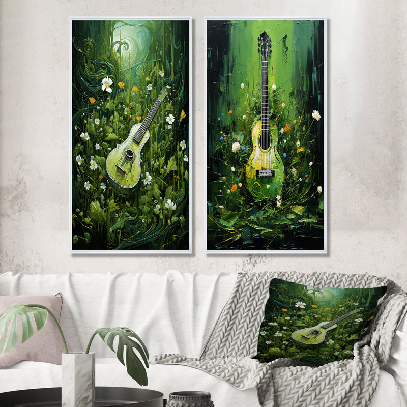 «Music Guitare Meadows Grass Green», ensemble de 2 reproductions d'art sur toile, Cadre blanc, H 28 po x l 25 po