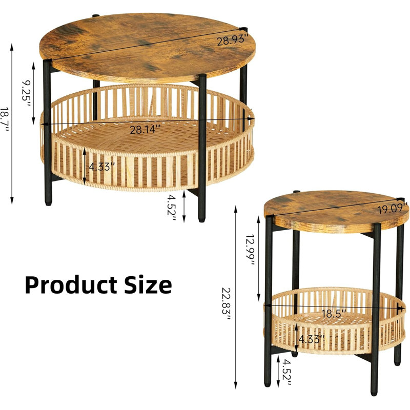 Boho Living Room Table Set With Rattan Storage Shelf And Metal Frame, Round Coffee Table And 2 End Side Tables