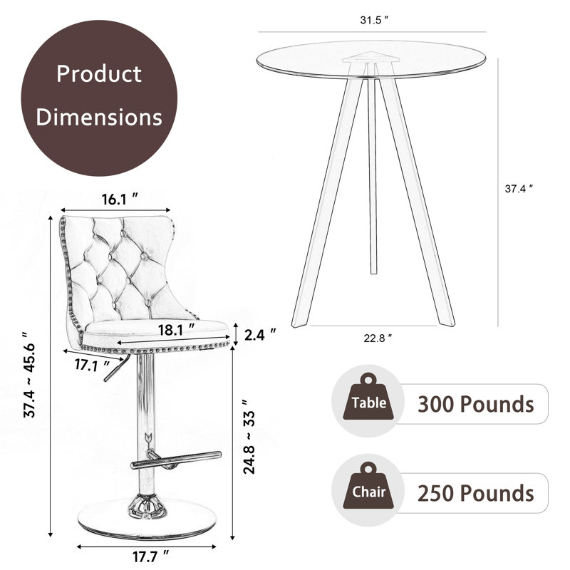 Bar Height Set, Tempered Glass Round Dining Table and Velvet Adjustable Dining Chairs., 3, Beige